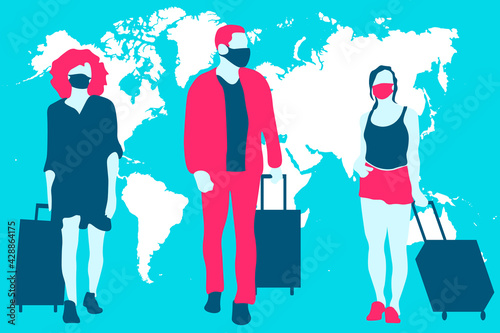 Travelling people wearing masks in front of world map. Medical masks and suitcases. Post-corona travelling concept. Travelling after coronavirus covid19 vector illustration.