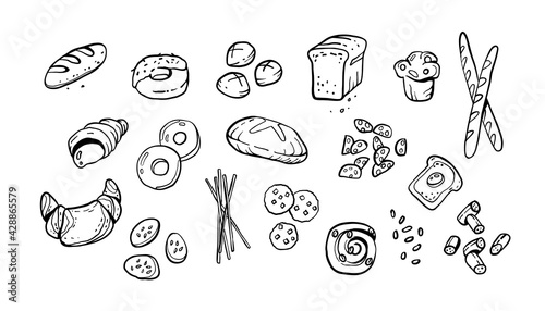 Doodle bread products. Baked flour loaves, toasts and cookies in sketch. Drawn bakeries vector set, food collection