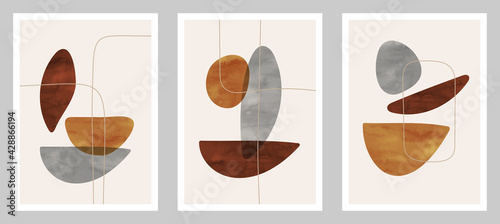 Trendy contemporary set of abstract art, creative minimalist hand painted watercolor compositions for wall decoration, postcard or brochure cover design in vintage style art.   EPS10 vector. 