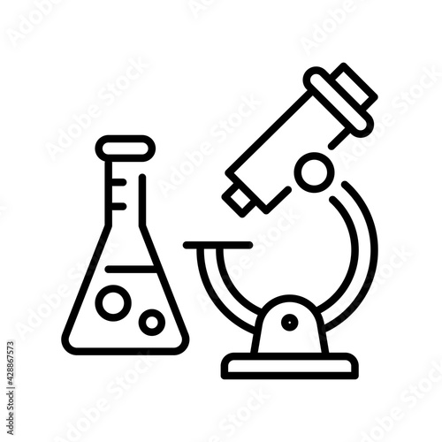Monochrome icon of practical work at chemical lab vector illustration microscope and beaker