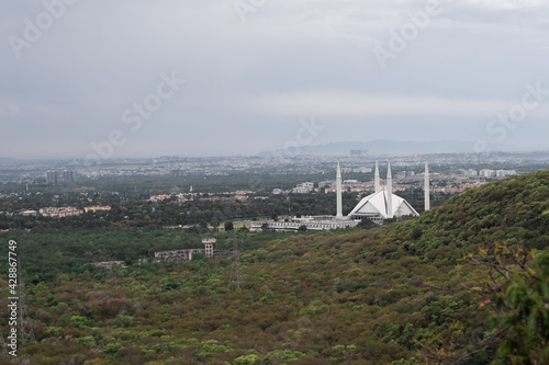 view of Faisal mosque from Margalla hills Islamabad City view capital of Pakistan