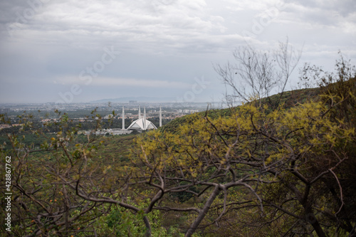 View of Faisal mosque from Margalla hills Islamabad capital of Pakistan