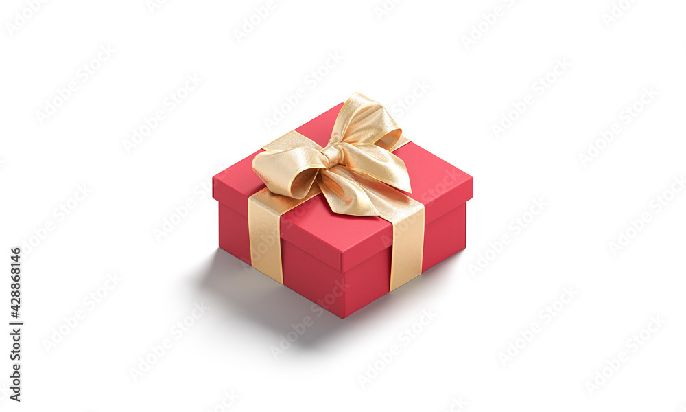 Blank red gift box with gold ribbon bow mockup, isolated