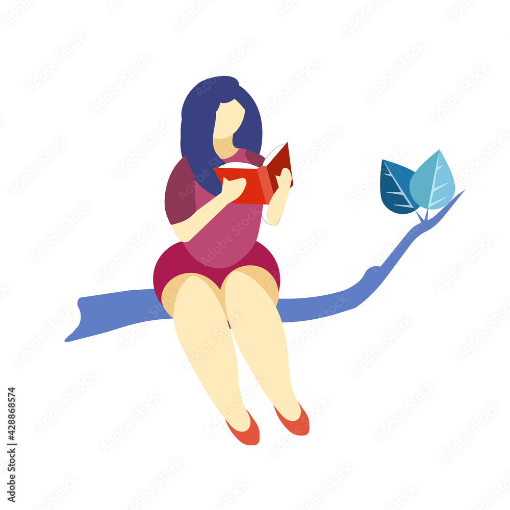A woman sitting on a stick and reading a book in Flat design style, reading girl on white isolated background, concept of Hobby and Leisure Activities, Eco-friendly and Nature, Body-positive. A woman sitting on a stick and reading a book in Flat design style, reading girl on white isolated background, concept of Hobby and Leisure Activities, Eco-friendly and Nature, Body-positive.