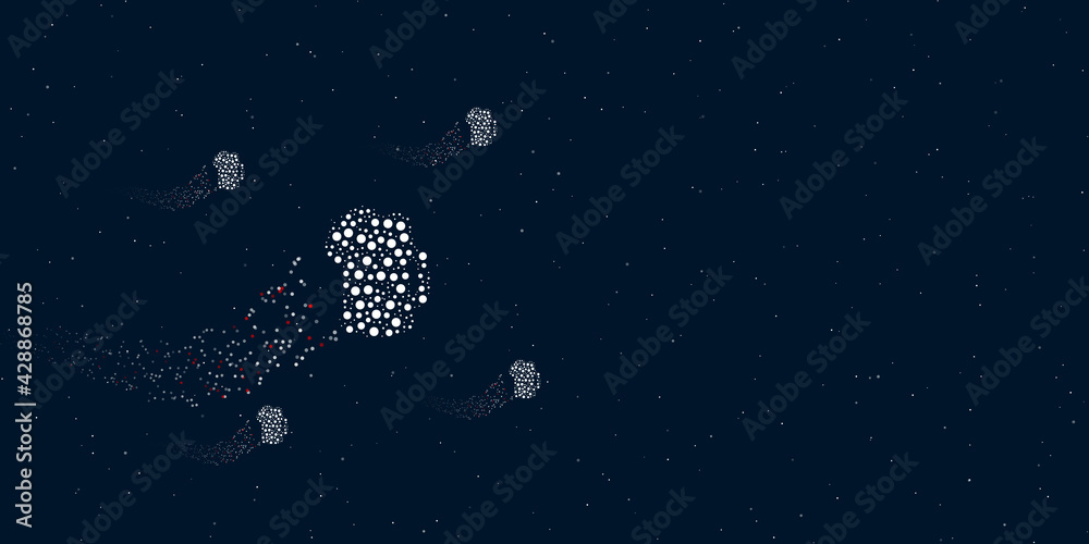 A mug beer symbol filled with dots flies through the stars leaving a trail behind. Four small symbols around. Empty space for text on the right. Vector illustration on dark blue background with stars