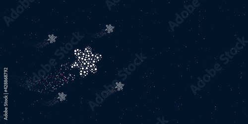 A narcissus flower filled with dots flies through the stars leaving a trail behind. Four small symbols around. Empty space for text on the right. Vector illustration on dark blue background with stars