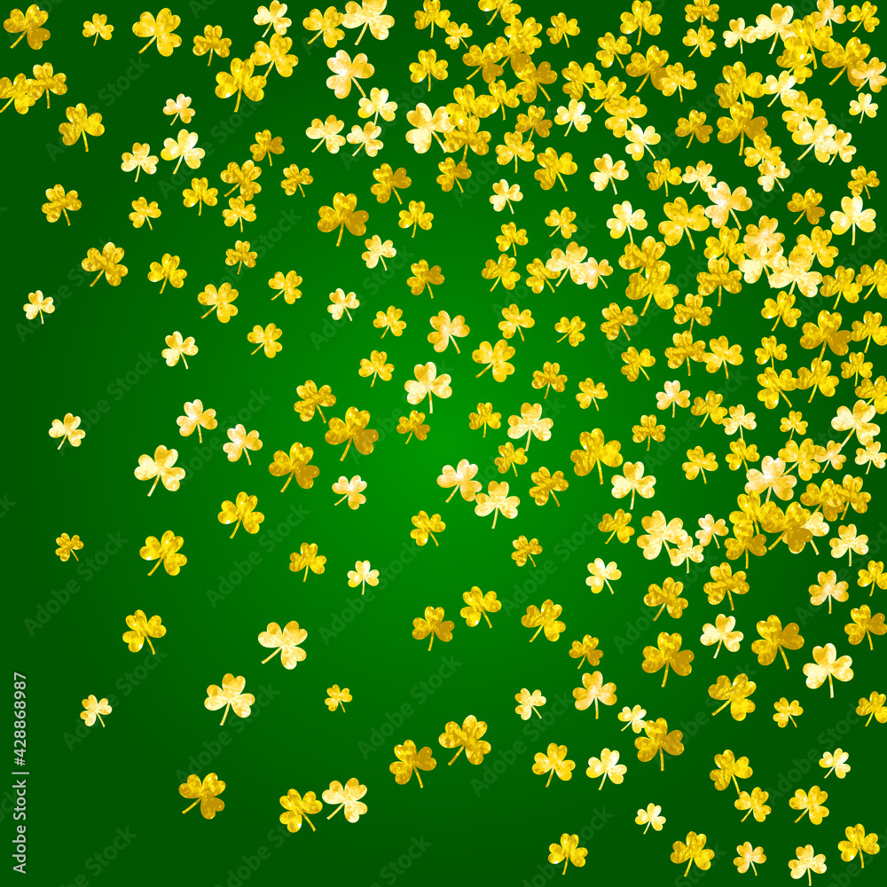Saint patricks day background with shamrock. Lucky trefoil confetti. Glitter frame of clover leaves. Template for voucher, special business ad, banner. Dublin saint patricks day backdrop.
