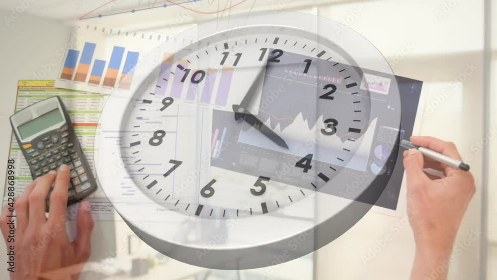 Clock ticking against overhead view of mid section of person working at office