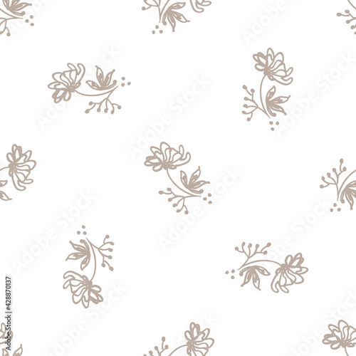 Seamless minimalist doodle flower pattern background. Calm two tone color wallpaper. Simple modern scandi unisex baby design. Organic childish gender neutral baby all over print. Hand drawn floral.