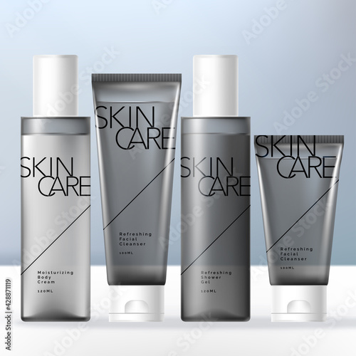 Vector Men's Grooming or Toiletries Packaging Bundle with Translucent Tinted Black Bottles and Tubes.