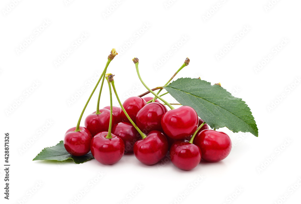 Red ripe cherries with leaves. Red ripe cherries with leaves.