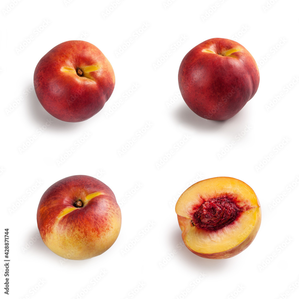 Nectarines in Group of Four – Bunch of Arranged, Smooth, Cut Open, Halved Peach Variety, Red and Yellow – Detailed Close-Up Macro on Red Stone, Top View, Above – Isolated on White Background