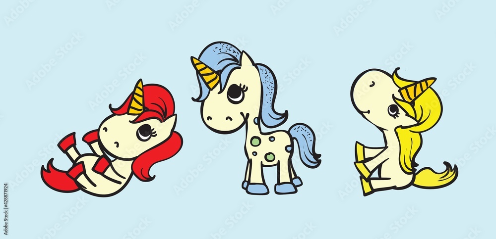 Fototapeta premium Set of beautiful unicorns with pop art elements
