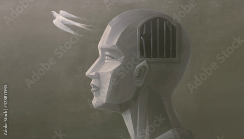 Freedom concept art, surreal painting, 3d illustration, robot with a bird, conceptual artwork photo