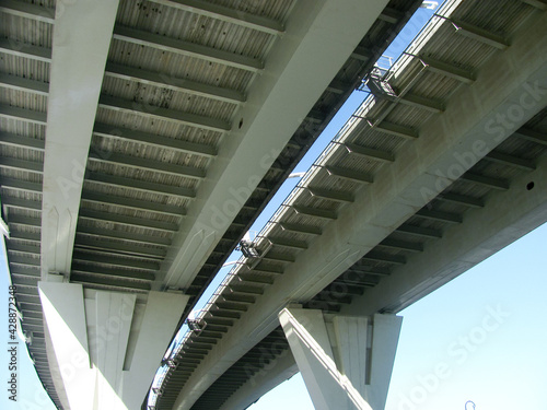 View under two highway bridge tracks