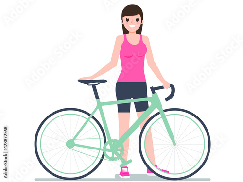 Beautiful woman standing next to her bicycle on white background