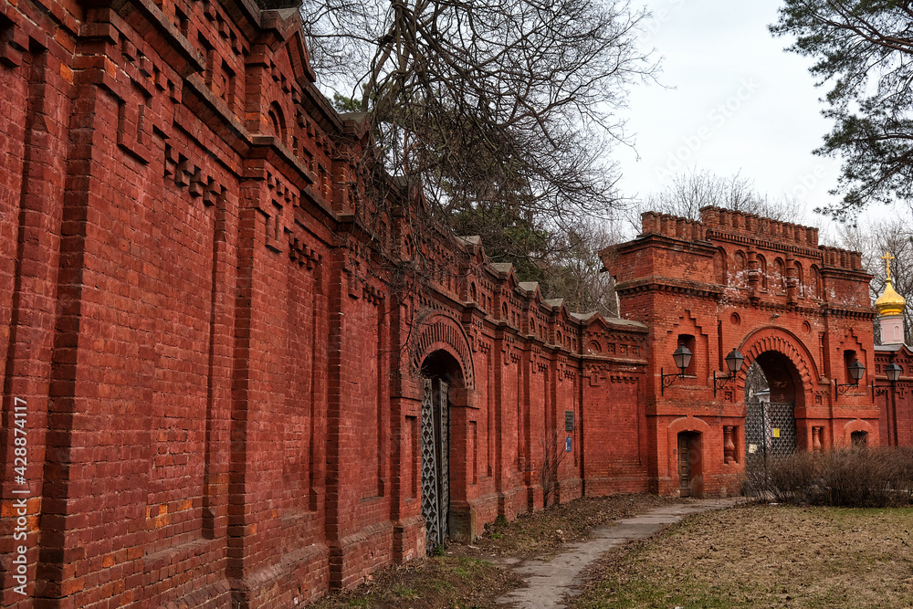 Moscow, Russia - 04.05.2021: Pokrovskoe-Streshnevo park. Old brick gates