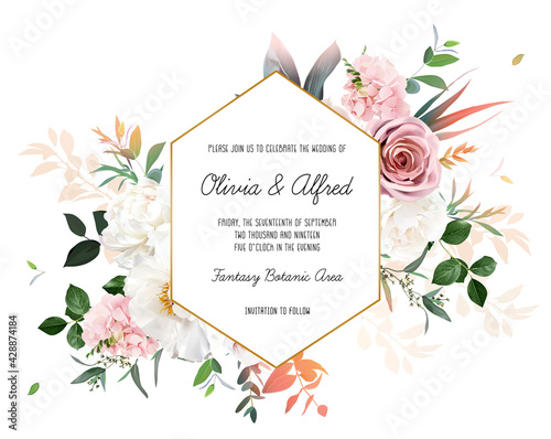 Blush pink roses, hydrangea, ivory peony vector design invitation frame