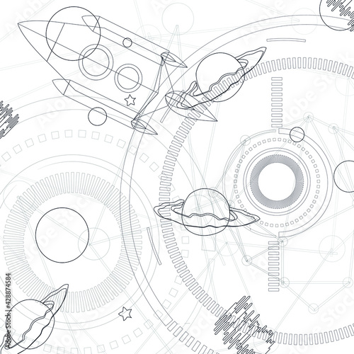 Space drawing end, planet ships, vector