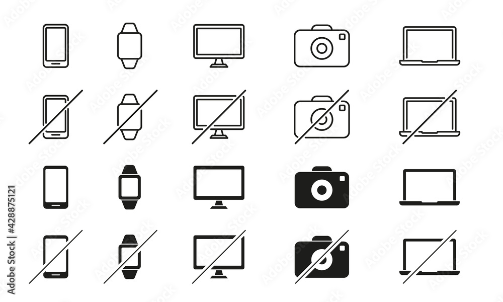 Set of Devices Line Icons. Smartphone, Tablet PC, Laptop, Camera, Smart Watch. Ban of Devices. Device Free Zone, Digital Detox. No or Stop Electronic Equipment. Editable stroke. Vector illustration Set of Devices Line Icons. Smartphone, Tablet PC, Laptop, Camera, Smart Watch. Ban of Devices. Device Free Zone, Digital Detox. No or Stop Electronic Equipment. Editable stroke. Vector illustration