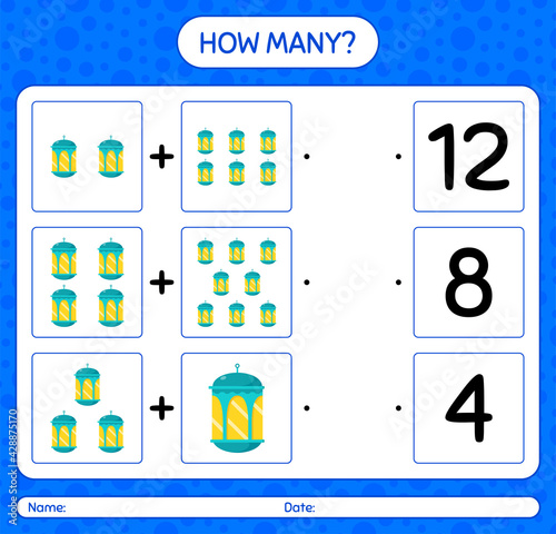 How many counting game with arabic lantern. worksheet for preschool kids, kids activity sheet, printable worksheet