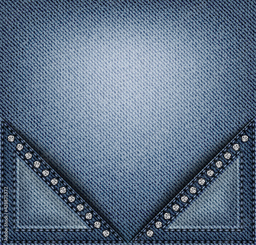 Blue denim banner with triangle pockets with stitches and sequins