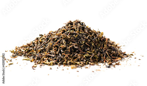 pile of loose green tea - dry green tea leaf isolated on white background