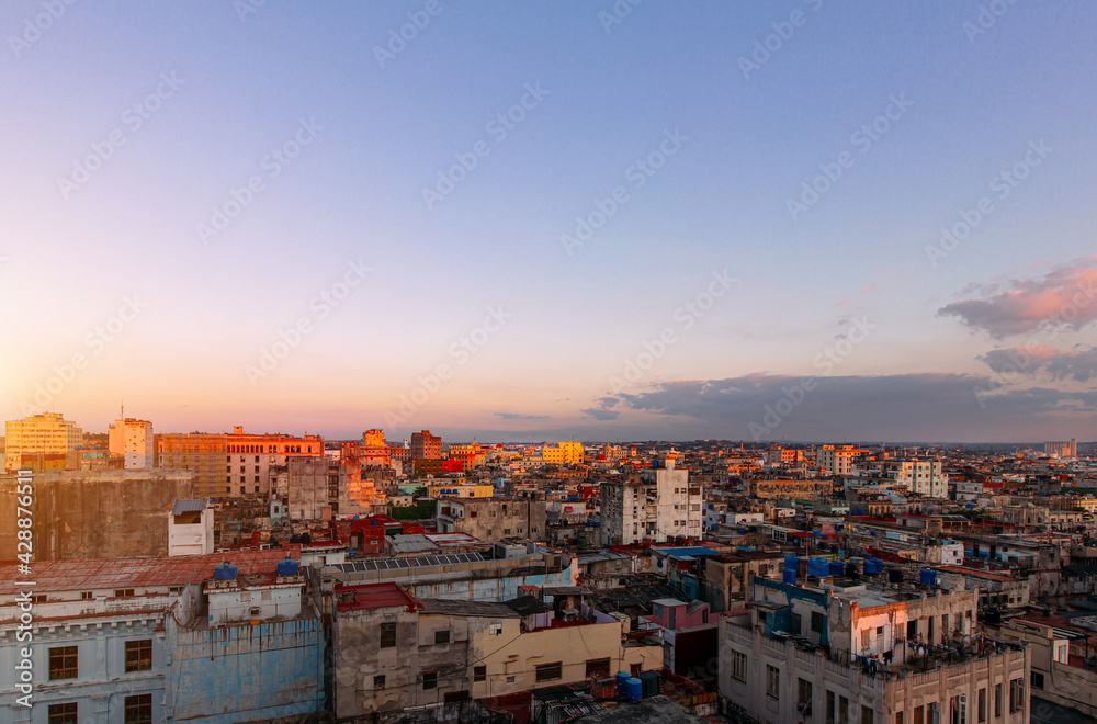 Authentic Old Havana (Havana Vieja) buildings at sunset in historic city center near Central Park and El Capitolio.