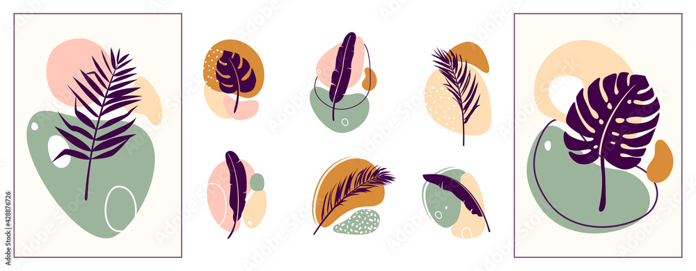 Abstract organic shapes with tropical plants vector set. Minimal art design. Foliage drawing with fluid geometric forms, dots and lines Abstract organic shapes with tropical plants vector set. Minimal art design. Foliage drawing with fluid geometric forms, dots and lines