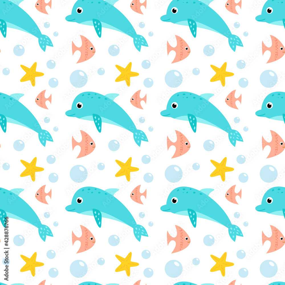 Seamless pattern with sea animals. Vector illustration
