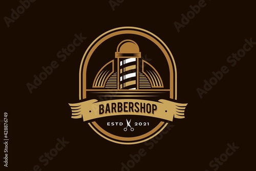 barbershop pole badge logo design icon, gold, white and brown ornamental hipster Vintage retro classic Victorian style barber salon logo vector