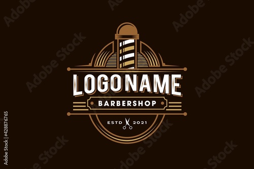 barbershop pole badge logo design icon, gold, white and brown ornamental hipster Vintage retro classic Victorian style barber salon logo vector