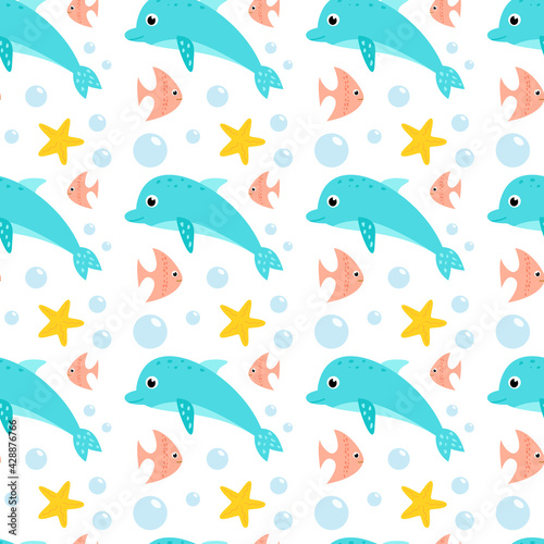 Seamless pattern with sea animals. Vector illustration