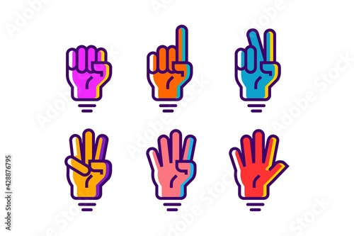 colorful hand gesture count 1 2 3 4 and 5 vector icon illustration in trendy cartoon filled line style set Illustration, counting hand vector design in modern neon color