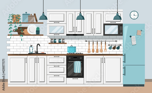 Kitchen interior with white furniture.
Dinner room vector illustration in flat style.Cozy kitchen modern design background template.Household objects and cooking utensils.Home theme. 