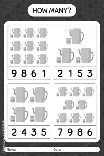 How many counting game with arabic teapot. worksheet for preschool kids, kids activity sheet, printable worksheet