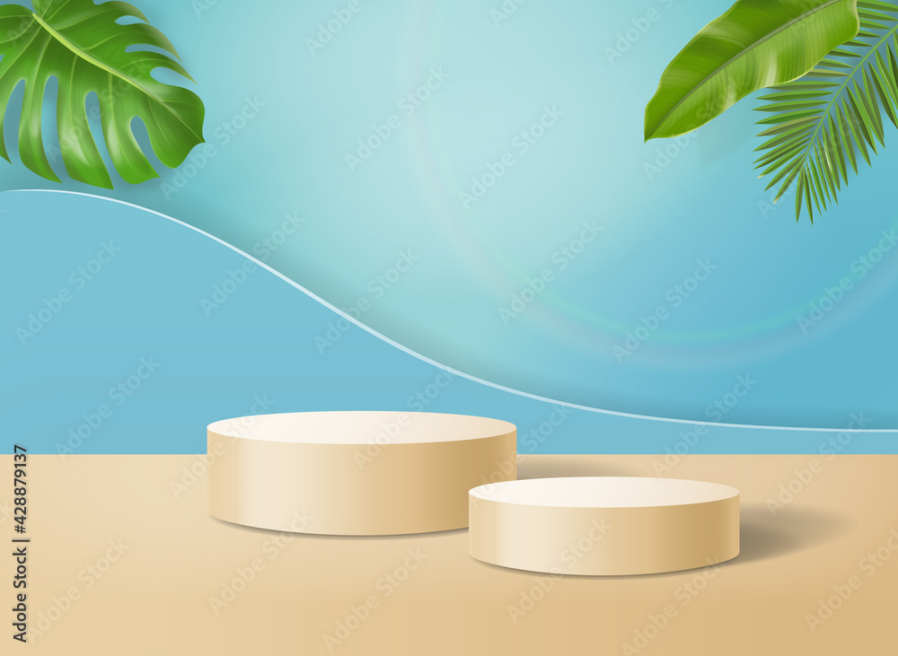 Abstract minimal scene with cylinder podium in blue background with tropical leaves. For cosmetic products advertising presentation, Podium, 3d vector Abstract minimal scene with cylinder podium in blue background with tropical leaves. For cosmetic products advertising presentation, Podium, 3d vector