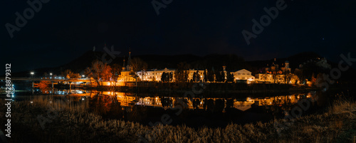 Panoramic view of Svyatogorsk Lavra on the banks of the Seversky Donets river at night