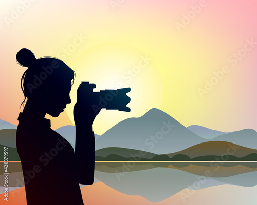 Woman photographer. Character silhouette taking photo video with SLR camera. The photographer takes pictures of the mountain landscape.
Trendy flat style