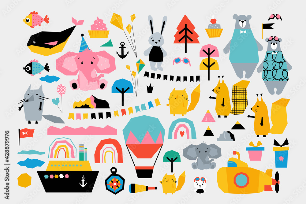Children's set with animals travelers . Vector collage  cut edges style