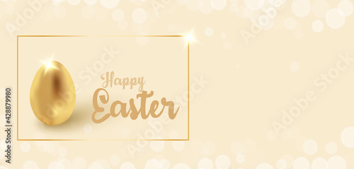 Festive design for greeting cards and web banners. Golden egg - Easter greeting card for wishes for money and success. Background with spring flowers and tree branches.