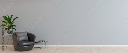 Empty room with armchair on empty gray wall background. Modern minimalist interior with armchair, plant and a table . 3d rendering.