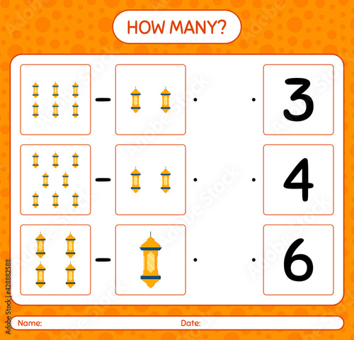 How many counting game with arabic lantern. worksheet for preschool kids, kids activity sheet, printable worksheet