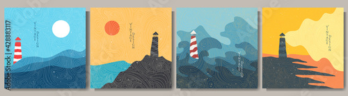 Vector illustration. Minimalist contemporary painting landscapes. Japanese pattern overlay. Modern graphic art. Hand drawn design elements for social media template, banner. Lighthouse by the sea