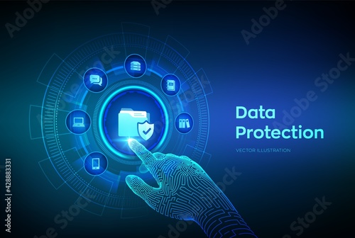 Data protection. Personal data security concept on virtual screen. Protected folder icon. Cyber security. Internet privacy and safety. Robotic hand touching digital interface. Vector illustration.