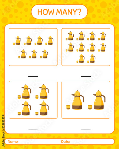 How many counting game with arabic teapot. worksheet for preschool kids, kids activity sheet, printable worksheet