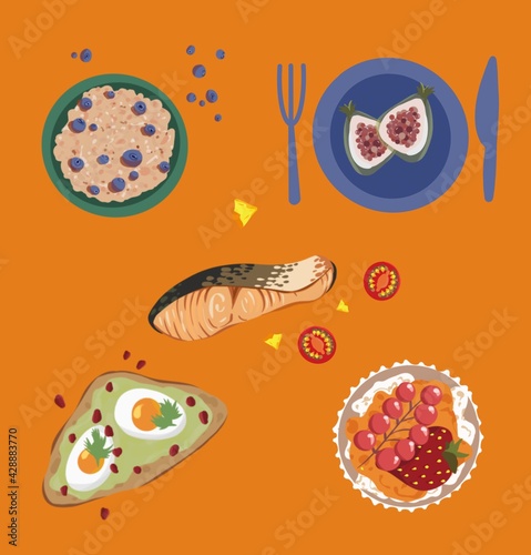 Set of food illustrations flat art. Breakfast set. Various tasty food. Cute hand drawn icons and logos. Cartoon style. Flat design.