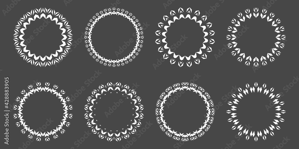 Set of frames, wreaths and laurels. Vintage templates. Elements for wedding, holiday and greeting cards. Vector illustration in white isolated on dark background.