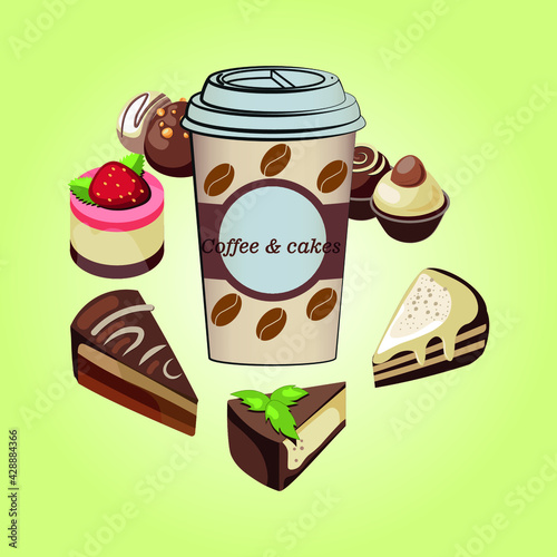 Coffee and pastries glass of coffee with pastries on yellow background EPS 10
