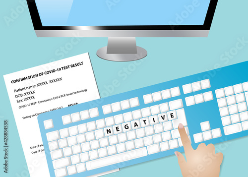 Top view of the office desk and hand writing negative result of PCR test.